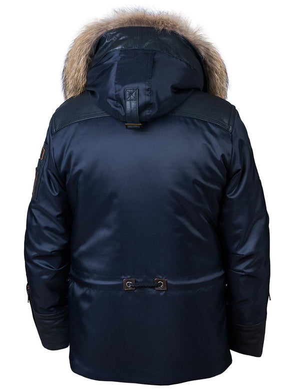 Men's dark blue parka with raccoon fur trimmed hood, back view.