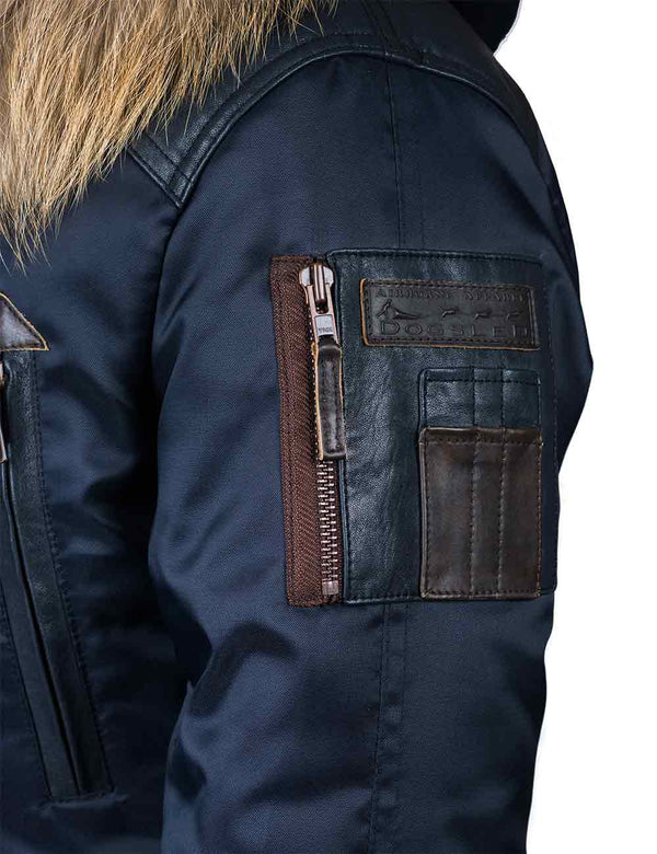 Utility pocket on the left sleeve of a dark blue men's parka with a raccoon fur trimmed hood.