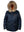 Men's dark blue parka with raccoon fur trimmed hood.