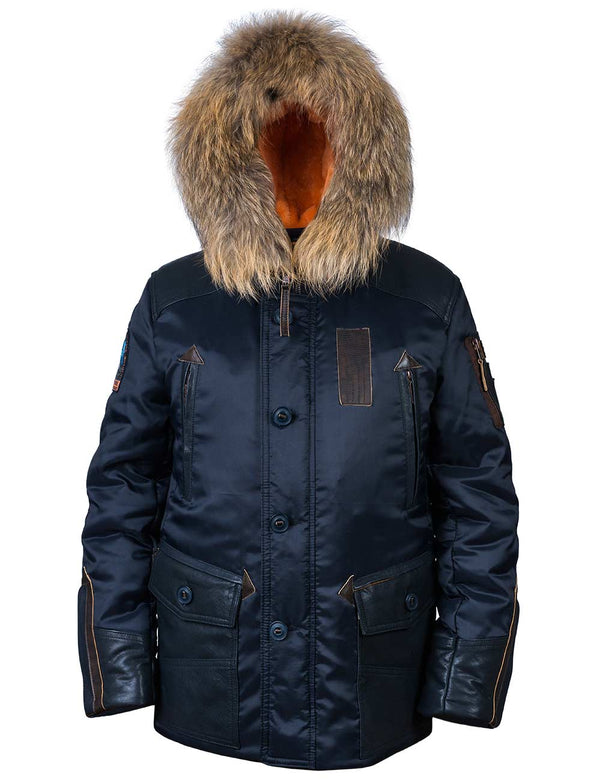 Men's dark blue parka with raccoon fur trimmed hood.