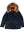 Men's dark blue parka with raccoon fur trimmed hood.