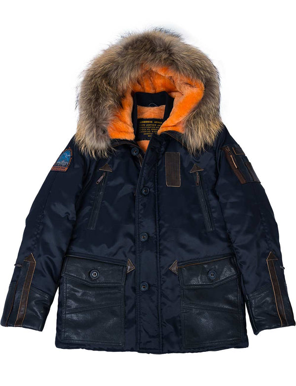 Men's dark blue parka with raccoon fur trimmed hood.