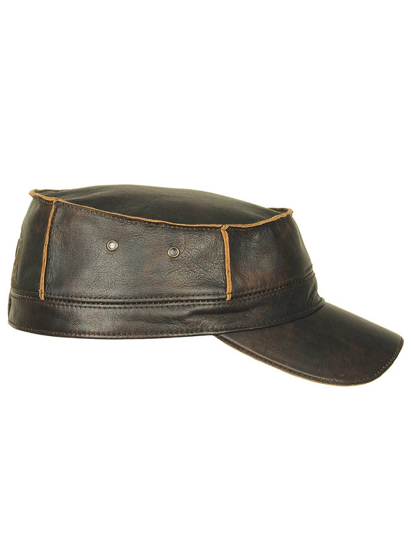 Mens Brown Leather Flat Top Cap Side View