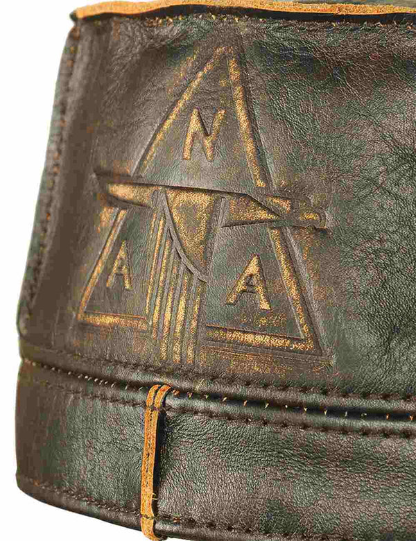 Leather embossing on the back of a men's brown leather cap