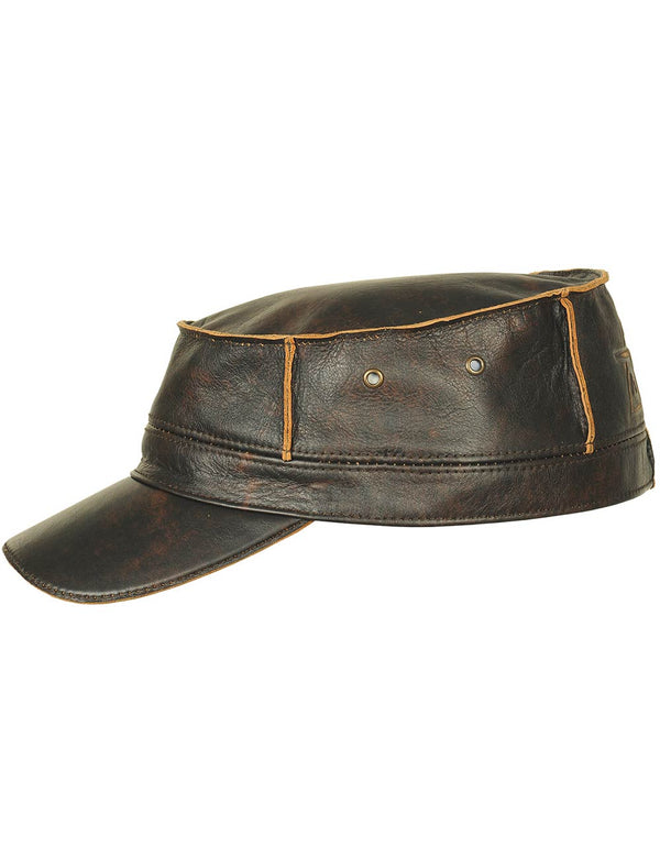 Mens Brown Leather Flat Top Cap With Patch side view