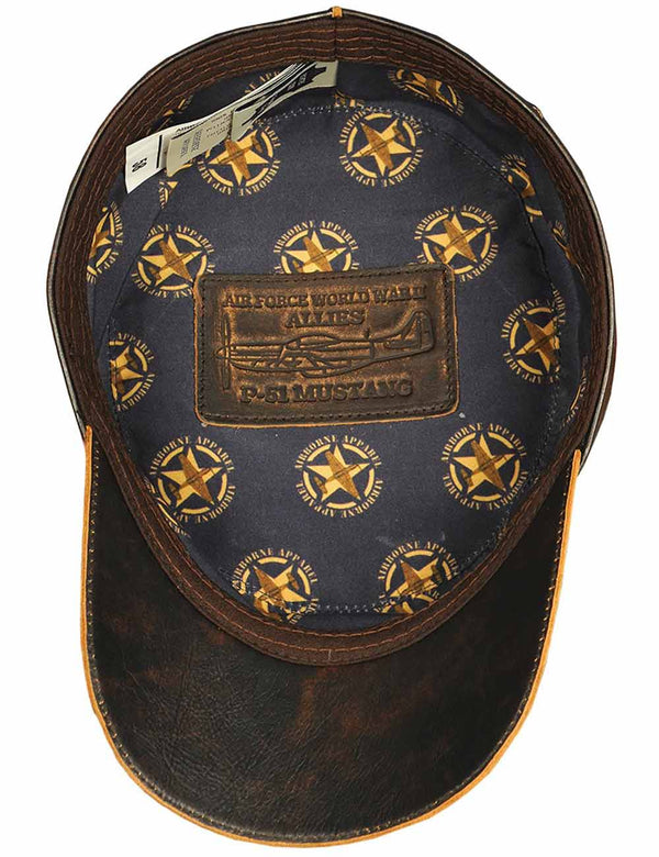 Mens Brown Leather Flat Top Cap With Patch inside view