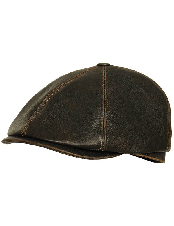 Men's brown leather cap with a small visor, slight twist.