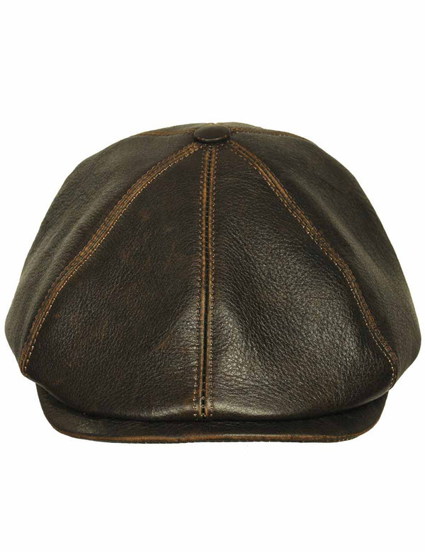 Men's brown leather cap with a small visor, front view.