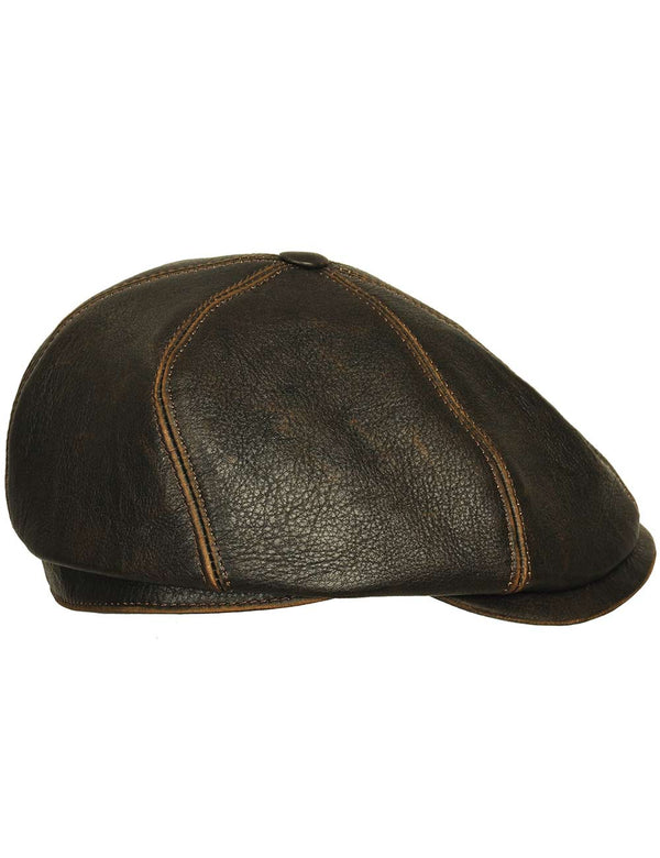 Men's brown leather cap with a small visor, side view.