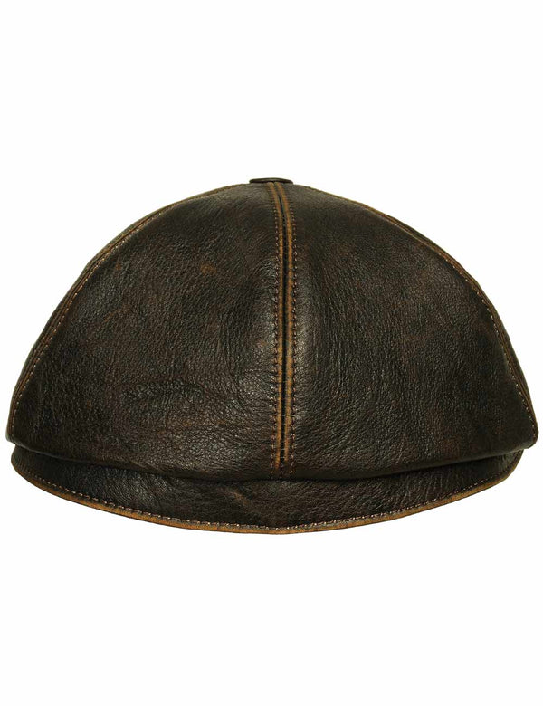 Men's brown leather cap, back view.