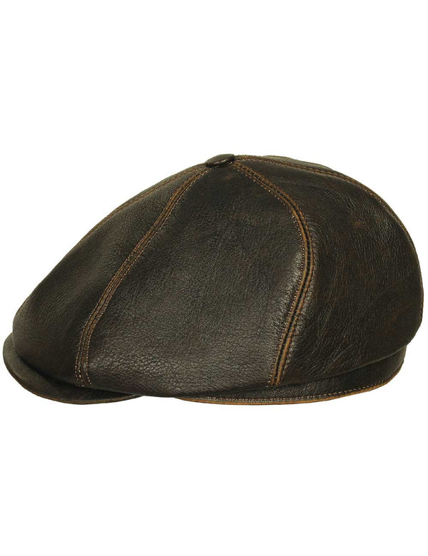 Men's brown leather cap, side view.