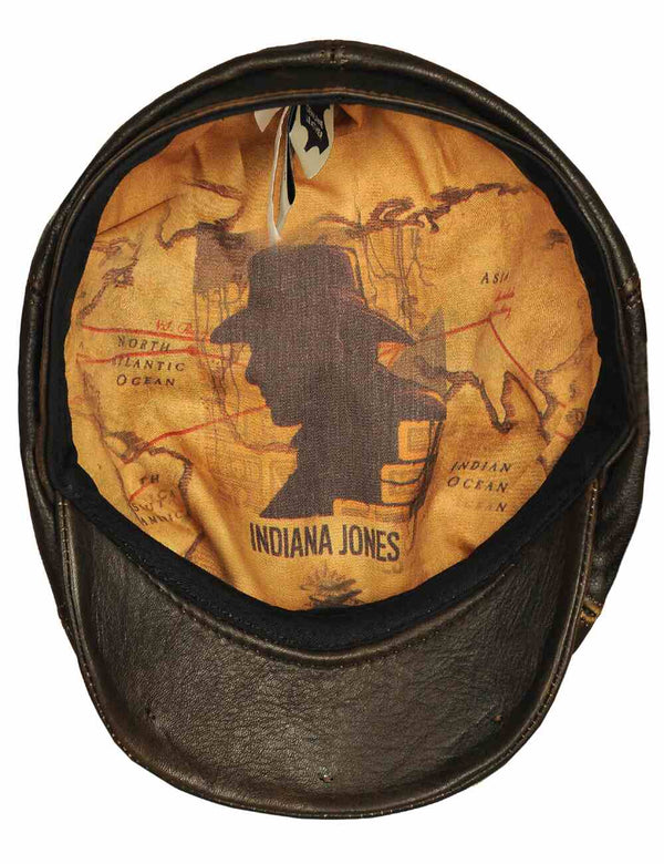 Men's brown leather cap with bright lining, inside view.