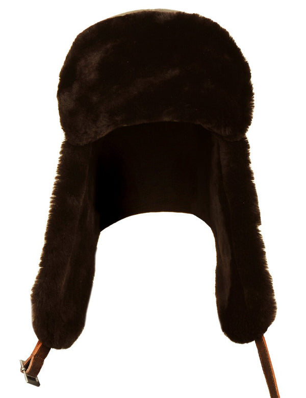 Men's brown leather trapper hat with sheepskin lining, front view.