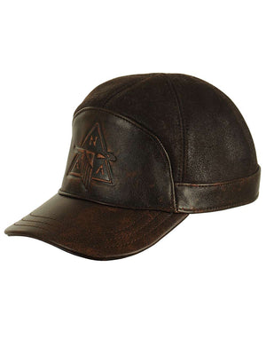 Brown men's cap with fur and embossing, slightly side view.