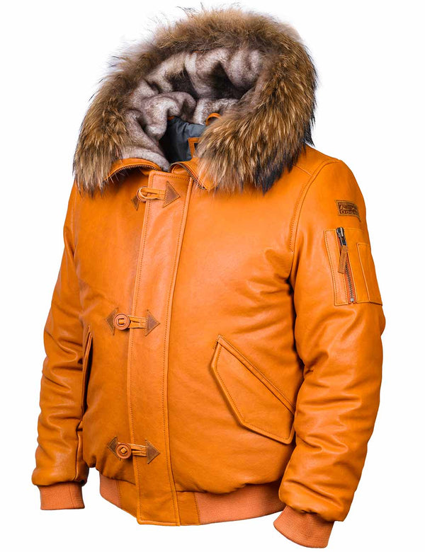 Short men's orange leather jacket with a sheepskin-lined hood and raccoon fur trim, slightly side view.