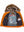 Men's orange leather jacket with a hood, unbuttoned, the hood is insulated with sheepskin and trimmed with raccoon fur.