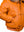 Right side of a short men's orange leather jacket with a sleeve in the pocket.