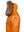 Short men's orange leather jacket with raccoon fur trimmed hood, side view.