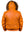 Short men's orange leather jacket with raccoon fur trimmed hood, back view.