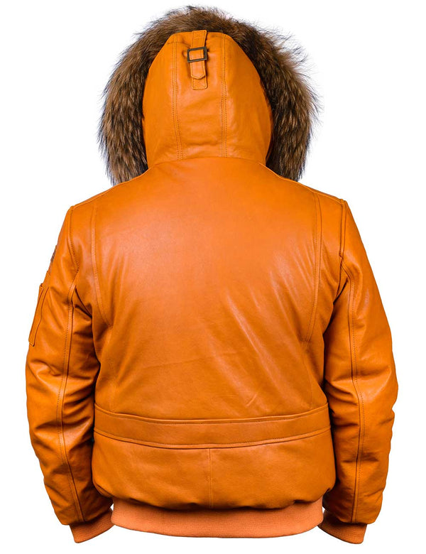 Short men's orange leather jacket with raccoon fur trimmed hood, back view.