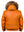 Short men's orange leather jacket with raccoon fur trimmed hood, back view.
