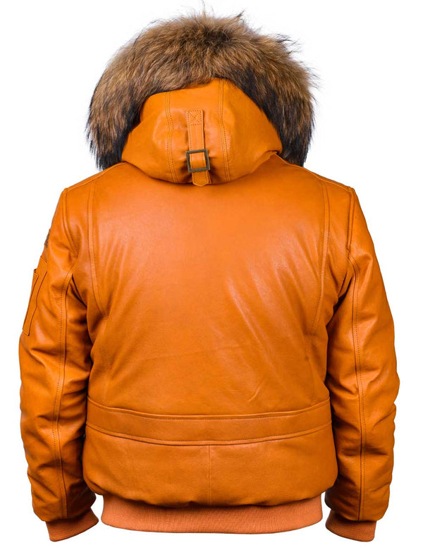 Short men's orange leather jacket with raccoon fur trimmed hood, back view.