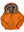 Short men's orange leather jacket with a sheepskin-lined hood trimmed with raccoon fur.