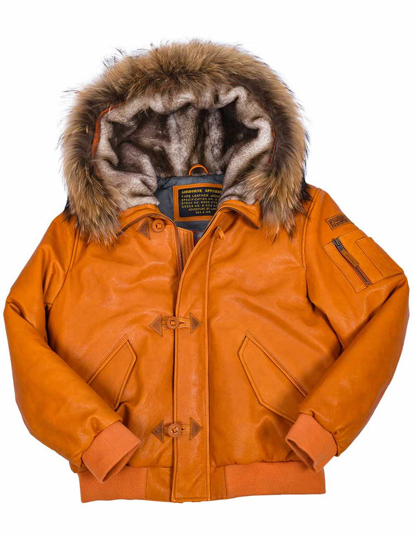 Short men's orange leather jacket with a sheepskin-lined hood trimmed with raccoon fur.