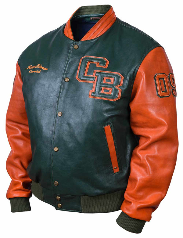 Men's dark green leather jacket with the orange sleeves, collar and trim. There also patches on the sleeve and chest.