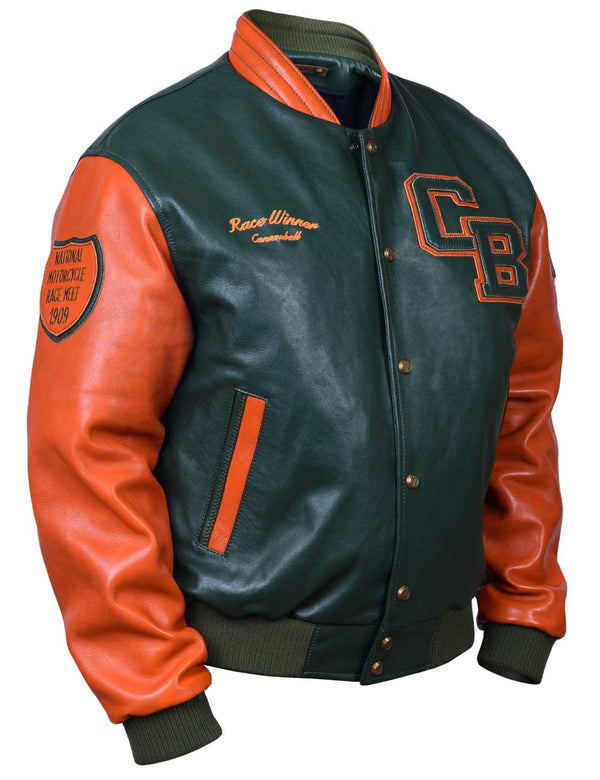 Men's dark green leather jacket with the orange sleeves, collar and trim. There also patches on the sleeve and chest.