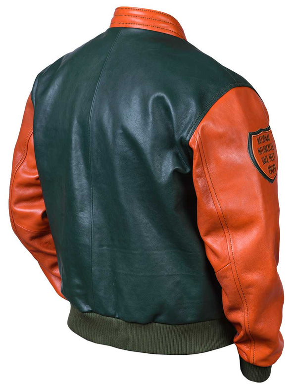 Men's dark green leather jacket with the orange sleeves and collar. Also visible is the patch on the sleeve. Back view.