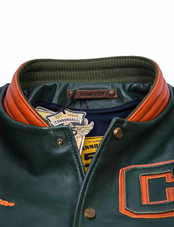 The orange collar of the men's dark green leather jacket with the attached label.