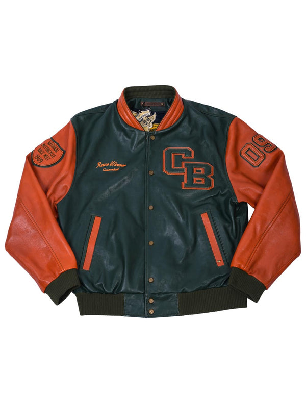 Men's dark green leather jacket with  the orange sleeves, collar and trim. There are also patches on the chest and sleeves.