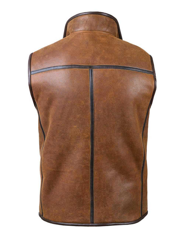 Men's light brown sheepskin vest, back view.