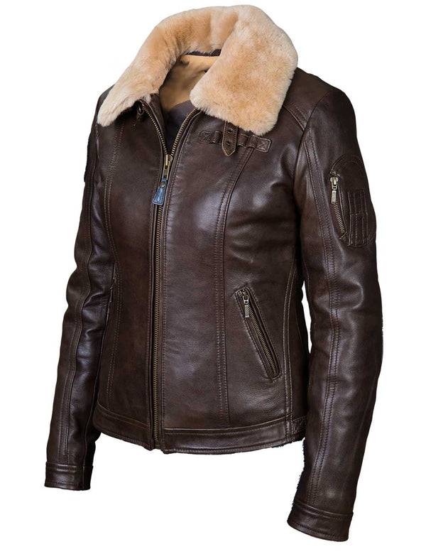 Women's brown leather jacket with fur collar, slightly side view.