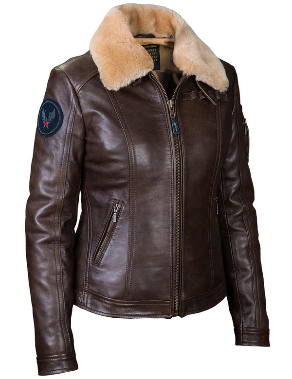 Women's brown leather jacket with a fur collar.