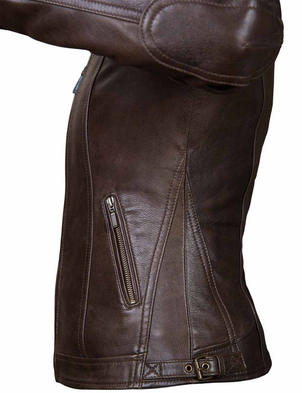 Side view of women's brown leather jacket.