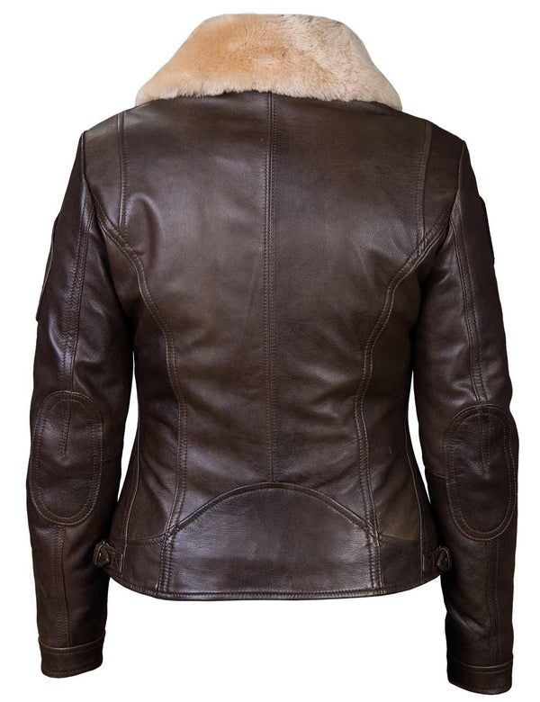 Women's brown leather jacket with fur collar, back view.