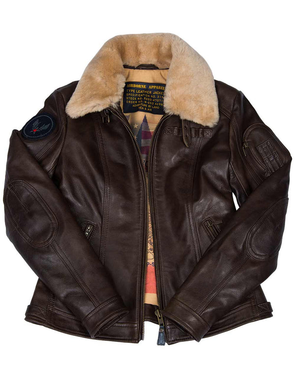 Women's brown leather jacket with a fur collar, unbuttoned.