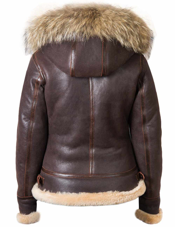 Women's short brown sheepskin coat with detachable hood, back view.