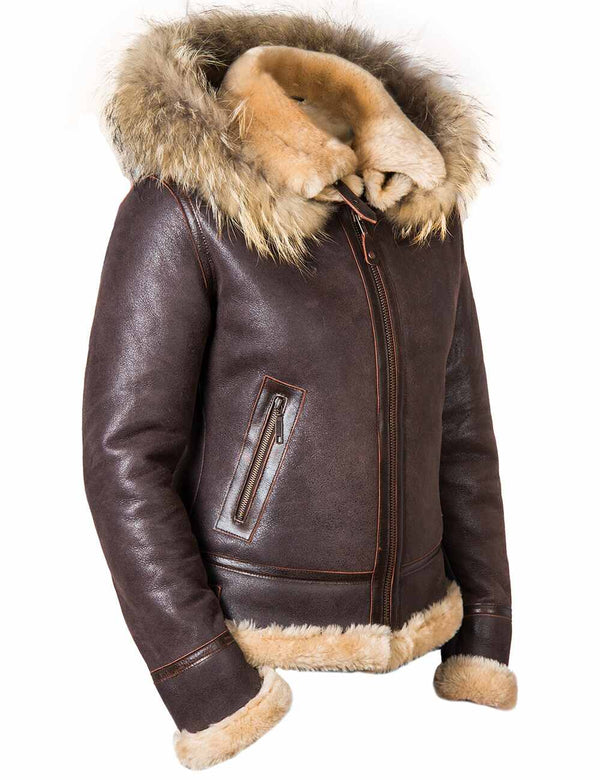 Women's sheepskin jacket with hood.