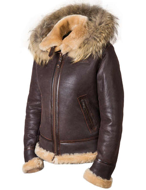 Women's sheepskin jacket with hood.