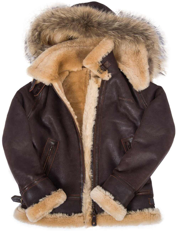 Women's short brown sheepskin jacket unbuttoned with a detachable hood.