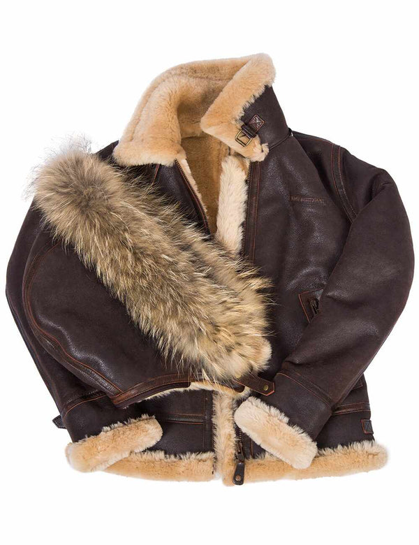 Women's short brown sheepskin coat unbuttoned, with a detachable  hood on top.