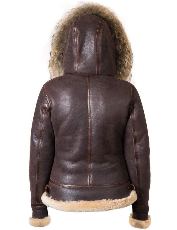 Women's short brown sheepskin coat with detachable hood, back view.